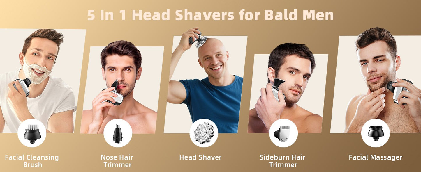 9D Head Shavers for Bald Men 5 in 1 Detachable Head Razor IPX7 Waterproof Wet Dry Rechargeable Electric Shavers for Men