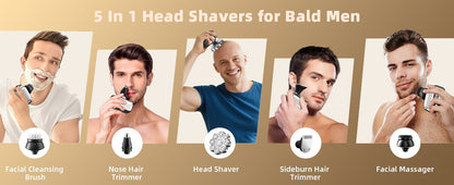9D Head Shavers for Bald Men 5 in 1 Detachable Head Razor IPX7 Waterproof Wet Dry Rechargeable Electric Shavers for Men