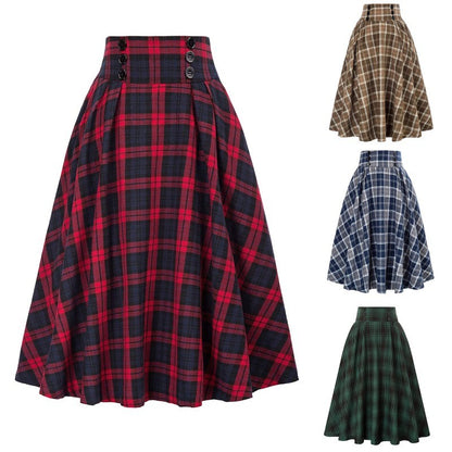 High Waisted Plaid Large Swing Skirt, Fashionable Women's Plaid Elastic Waisted A-line Skirt