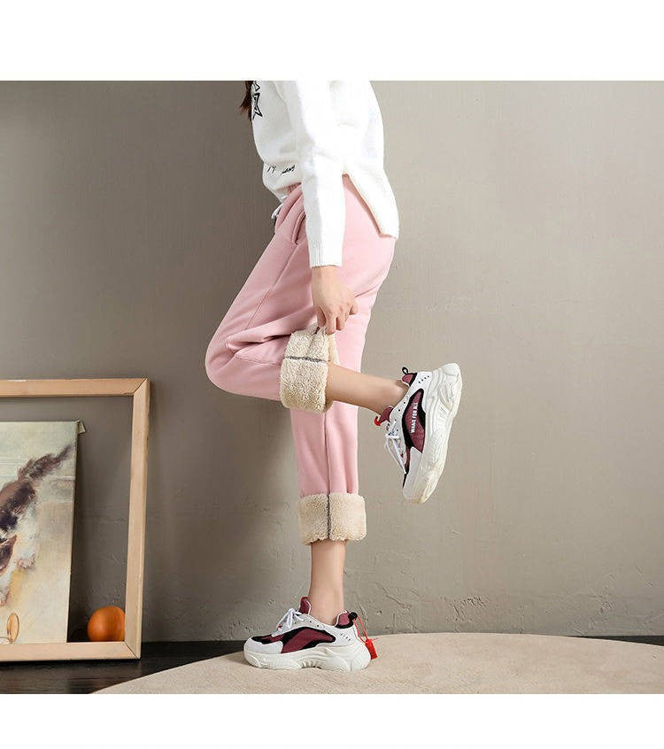 ??Women's Fleece Lined Joggers Winter Plush Pants High Waist Adjustable Drawstring Lounge Street Comfortable Casual Trousers??