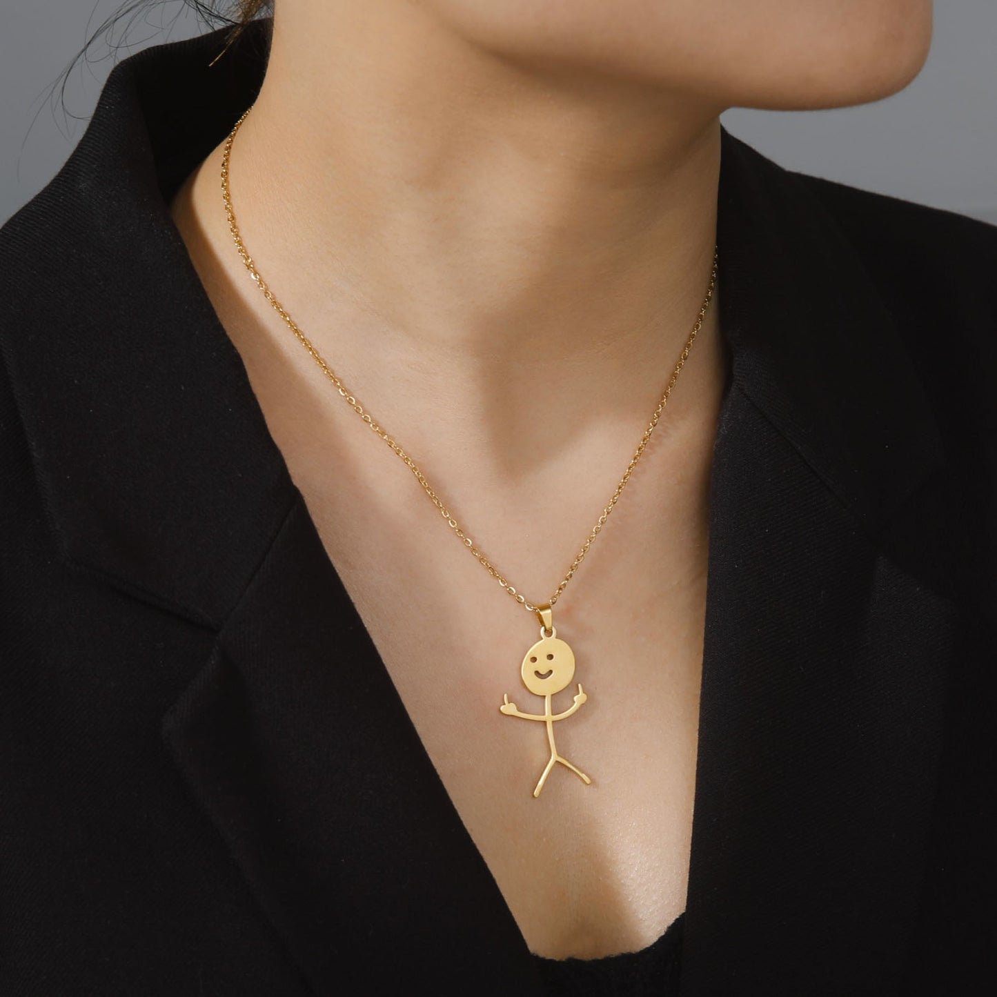 Skyrim Hip Hop Doodle Necklace for Men Women Stainless Steel Long Neck Chain Fashion Middle Finger Stickman Jewelry New