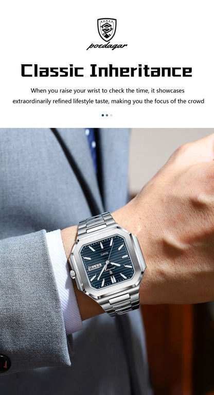 POEDAGAR Square Fashion Man Wristwatch Waterproof Luminous Date Week Quartz Men's Watches Stainless Steel Luxury Men Watch Reloj