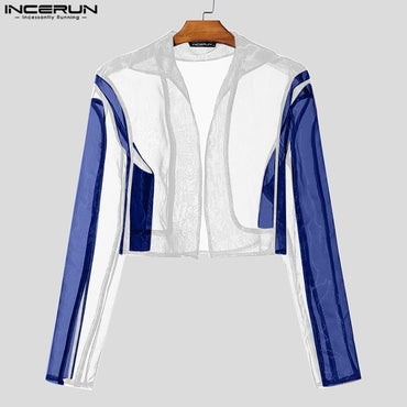 INCERUN Tops American Style Fashion Men Personality Splicing Contrast Color Suit Coat Casual Streetwear Male Long Sleeved Blazer