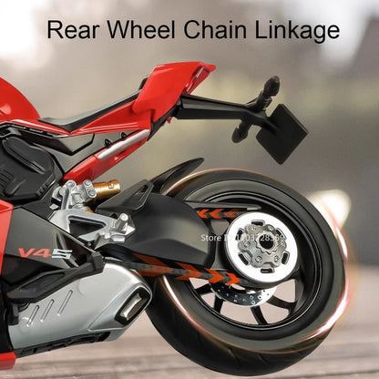 Modelos de motocicleta em miniatura 1:9 Scale 1299 V4S Brinquedos de motocicleta de liga leve com som, luz e absorção de choque, motocicletas de ornamento para presentes infantis