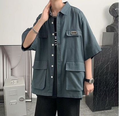Shirts For Men With Pocket Cargo Man Shirt Loose Korean Style Casual Asia Cool Hipster Original Half Sleeve Fashion Collar I Xxl