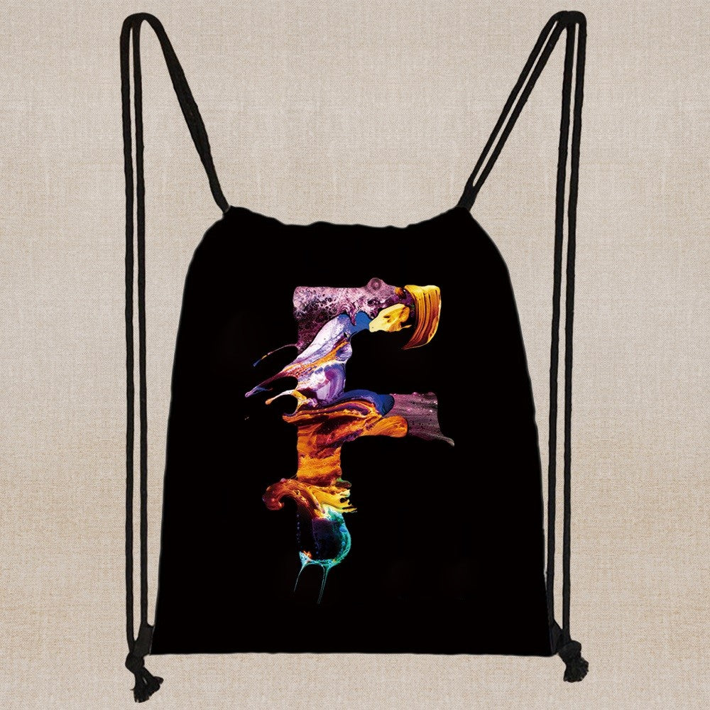 26 Initials Print Drawstring Bag Backpack Men and Women Beach Sports Travel Backpack Kid Gift Supplies Bag Portable Sundries Bag