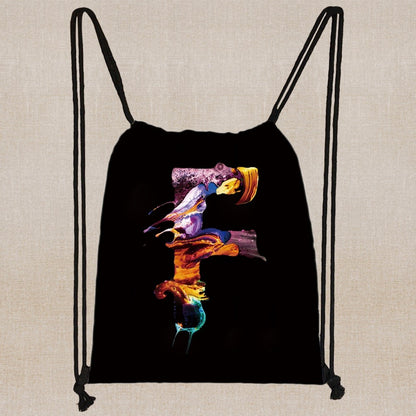 26 Initials Print Drawstring Bag Backpack Men and Women Beach Sports Travel Backpack Kid Gift Supplies Bag Portable Sundries Bag