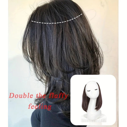 Extensão de Cabelo Invisível de 20/30cm com Fivela Interna Curta Reta Sintética em V, Meia Cabeça com 4 Presilhas, Peruca para Mulheres