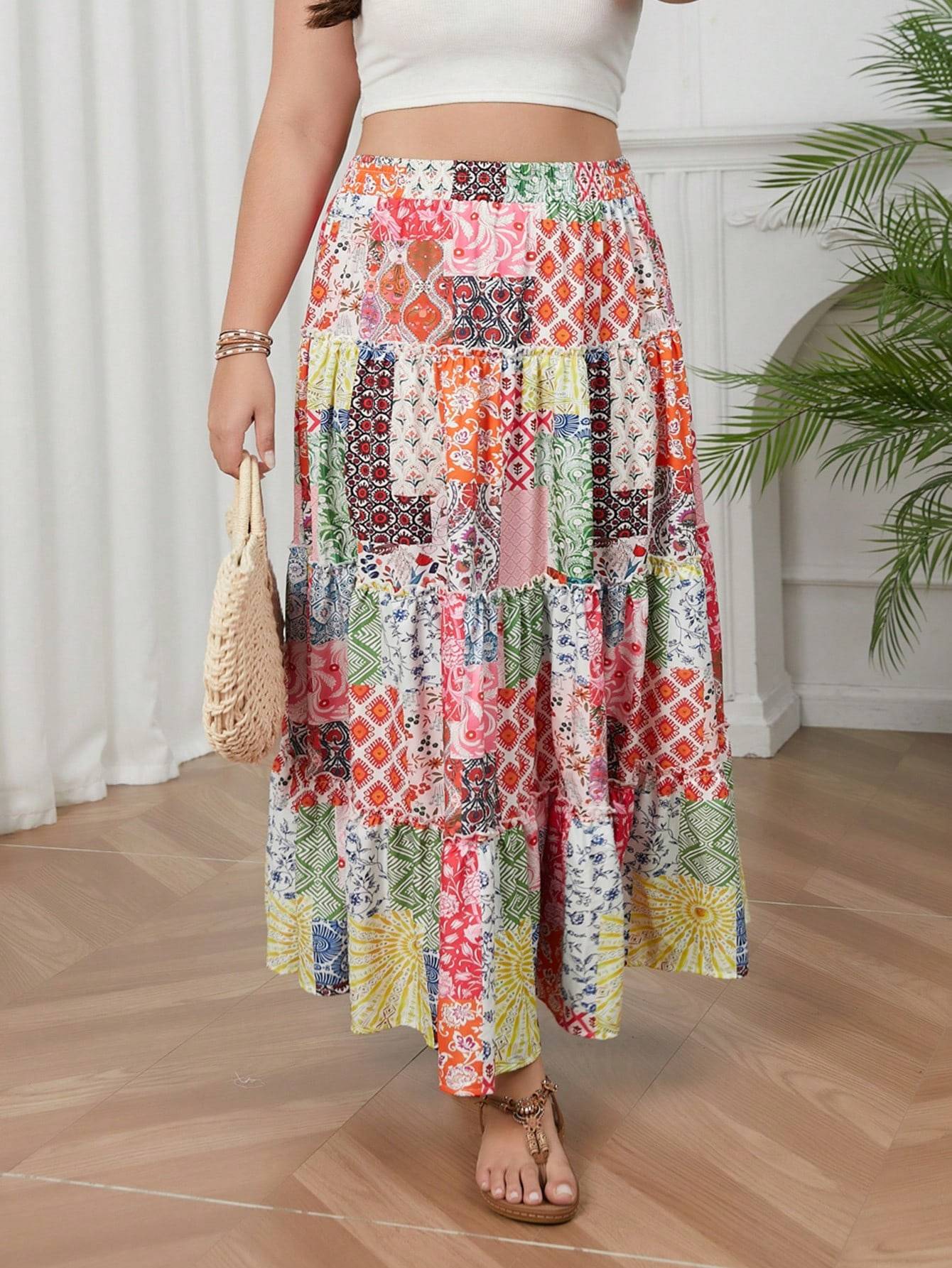 Plus size women's printed holiday style skirt spliced A-line skirt