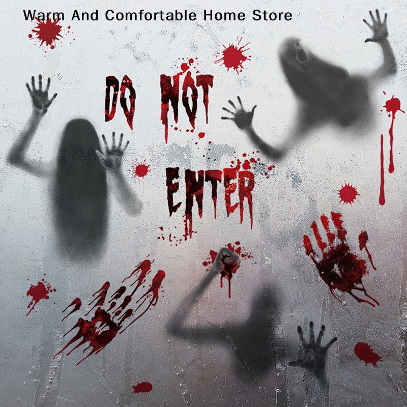 ?W?Halloween Stickers Horror Blood Hand Print Door Stickers Window Bathroom Shadow Glass Female Ghost Wall Decal Halloween Decor