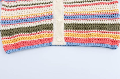 TRZA-Women's Striped Crochet Knit Crop Sweater, Polo Collar, Short Sleeve, Button-up, Female Outerwear, Chic Tops, Fashion