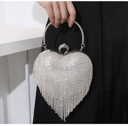 Rhinestone Evening Bag Heart Pattern Silver Handbag Womens Diamond Tassel Banquet Clutch And Purse Wedding Bridal Prom Wallets