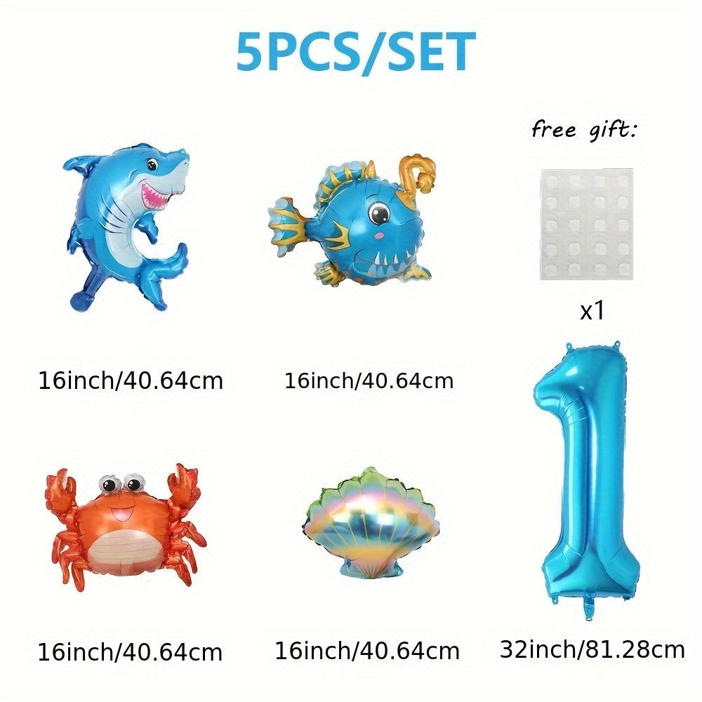 5Pcs Mini Blue Ocean Balloon Set Blue Number Balloon Set Ocean Animals Shark Crab Themed Birthday Party Decorations Gifts