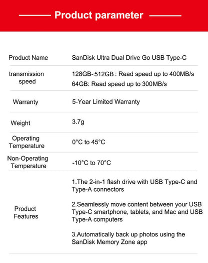 Pen Drive SanDisk 2 EM 1 Ultra Dual Drive GO USB 3.2 Tipo-C 64GB 128GB 256GB 512GB U Disk Velocidade de Até 400MB/s