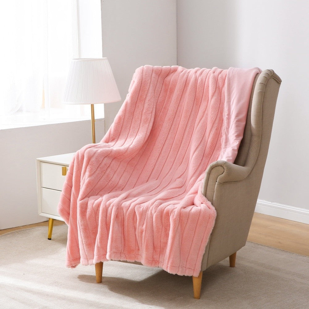 Luxurious Pink Stripe Faux Fur Throw Blanket 50x60 Super Soft Micro Mink Reversible Machine Washable Cozy Home Decor