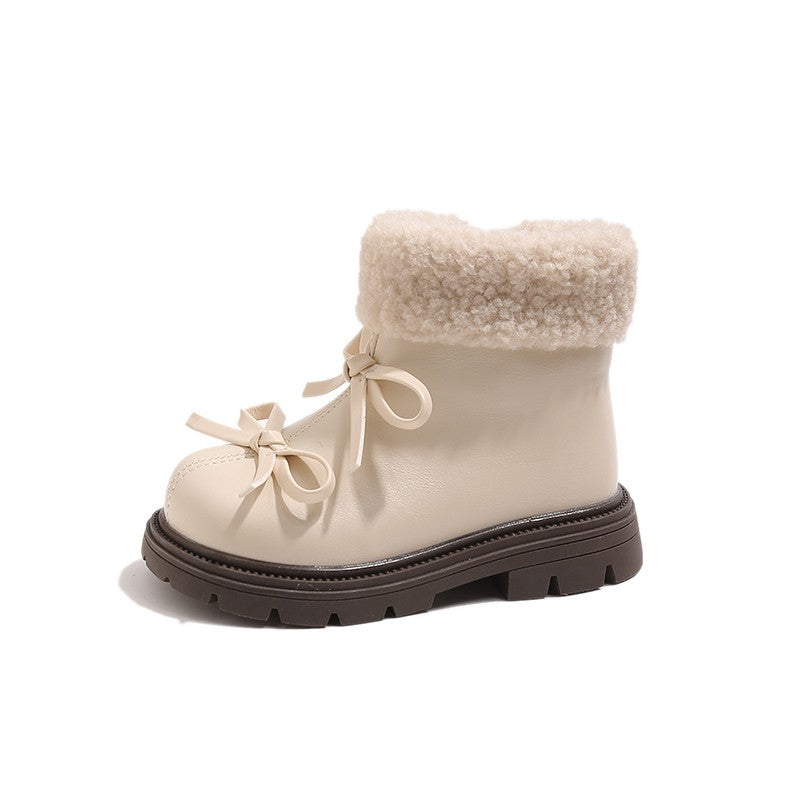 Girls Padded Fashion Leather Boots 2-18 Years Old Thickened Bow Hairy Girls Cotton Shoes Winter Beige Soft Non-slip Kids Boots