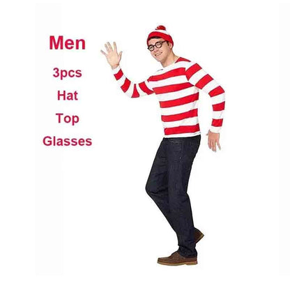 Wheres Waldo Striped Shirt Youth Boys Wally Costume Shirt Glasses and Hat Socks Unisex Adults Carnival Cosplay Costume