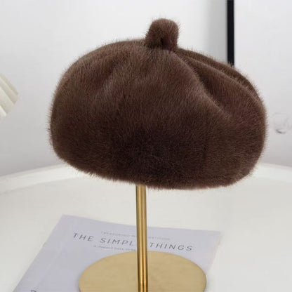 Sweet Faux Rabbit Fur Beret Hat Women Autumn Winter Thicken Keep Warm Furry Flush Artist Flat Cap Solid Color Painter Hats