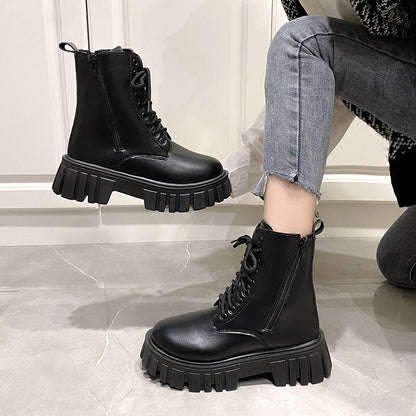 2024 New Autumn and Winter Comfortable Mid-calf Women's Shoes Thick-soled Lace-up Side Zipper Women's Boots Large Size