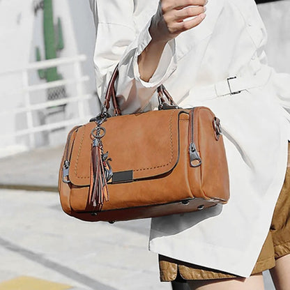 Tassel Decor Women's Large Capacity Shoulder Bag Fashion Zipper Crossbody Bag With Removable Strap Boston Handbag