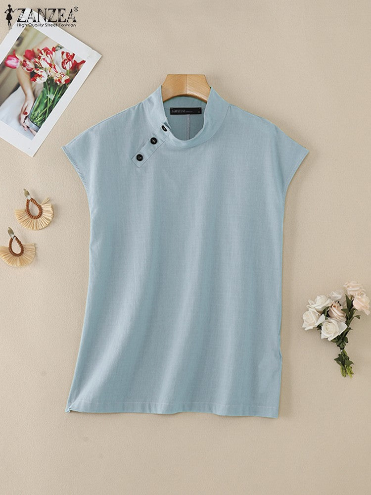 ZANZEA Fashion Women Blouses 2024 Summer Cotton Linen Blusas Mujer Stylish White Shirt Elegant Short Sleeve Tunics Lightweight