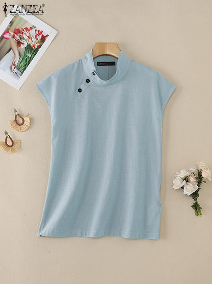 ZANZEA Fashion Women Blouses 2024 Summer Cotton Linen Blusas Mujer Stylish White Shirt Elegant Short Sleeve Tunics Lightweight