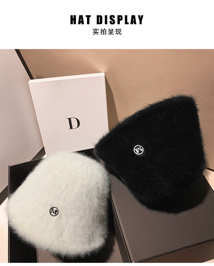 Coreia Designer M Bucket Hat Feminino Quente Pelúcia Angola Coelho Pelo Chapéu Senhora Outono Inverno Ins Moda Chapéu Bacia Retrô Fofo Panamá