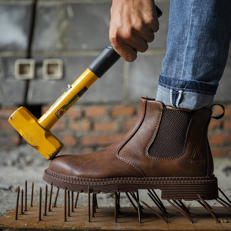 Sapatos de Segurança Impermeáveis Masculinos com Biqueira de Aço Botas de Couro Calçado Masculino Sapatos de Trabalho Indestrutíveis para Construção Marrom