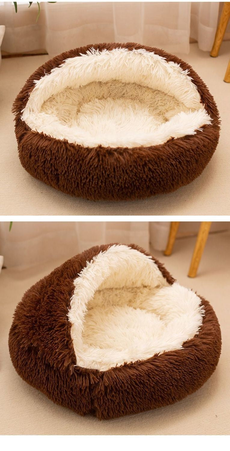 Cama para Pets 2 em 1 de Pelúcia Macia 50CM com Cobertura Redonda Cama para Gatos Colchão para Filhotes Quente Ninho Caverna para Cães Pequenos Tapetes