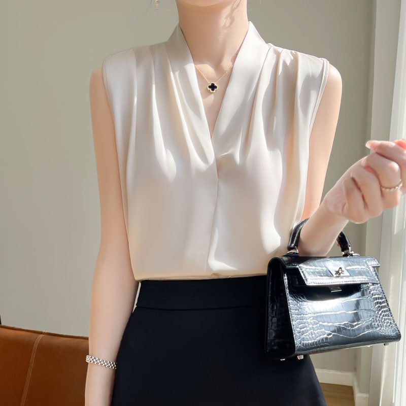 Womens Tops Blouses Solid Color White Satin Blouse Office Shirt Blusas Sleeveless Women Shirts Black White Female YTM A31