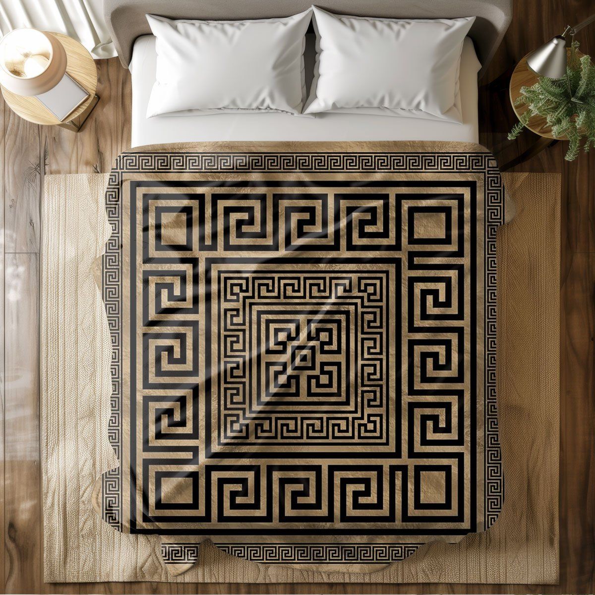 Geometric Greek Key Throw Blanket Tapestry Couch Decor Luxury Meander Pattern Gold Beige Bohemian Xmas Gift Accent Plaid