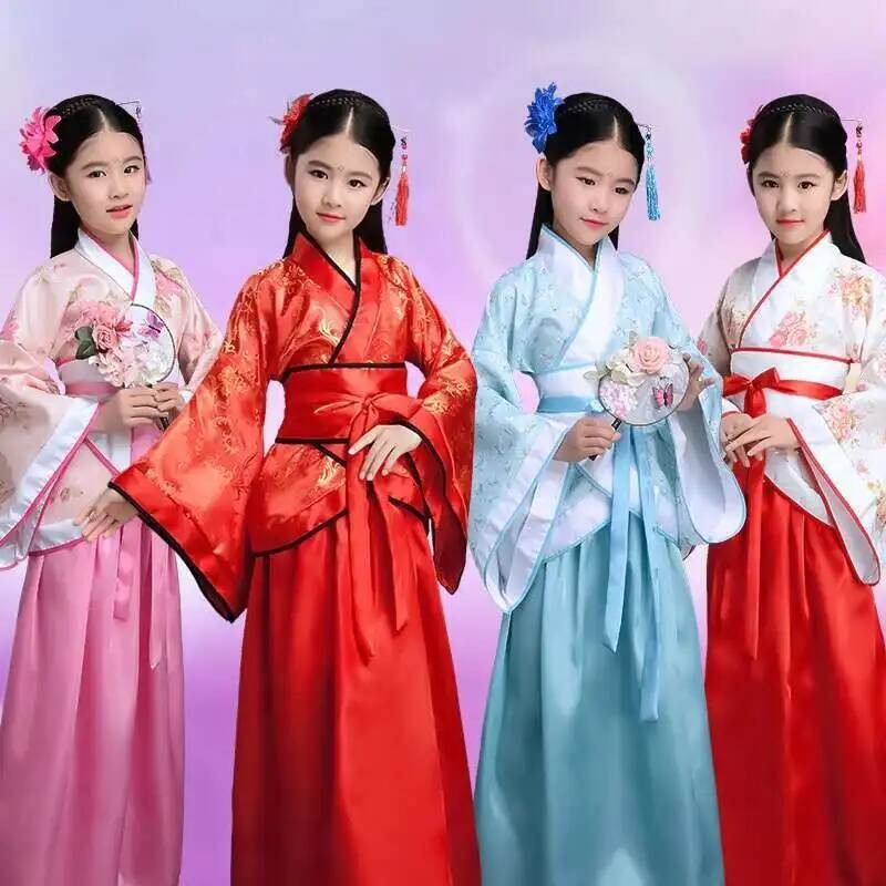 Hanfu Chinese Costume Girls Children Kimono Traditional Vintage Ethnic Fan Students Dance Halloween Japanese Yukata Kimono Style