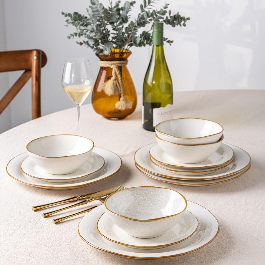 Handmade Stoneware Ceramic Dinnerware Set with Reactive Glaze for Dining Room Use Scratch Resistant Plates and Bowls Set Suitab