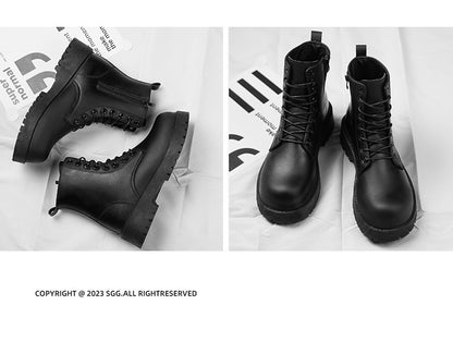 Botas casuais de casal, para quatro estações, masculinas e femininas, de cano alto, em couro, fashion, com sola grossa, antiderrapantes, plus size, para uso ao ar livre