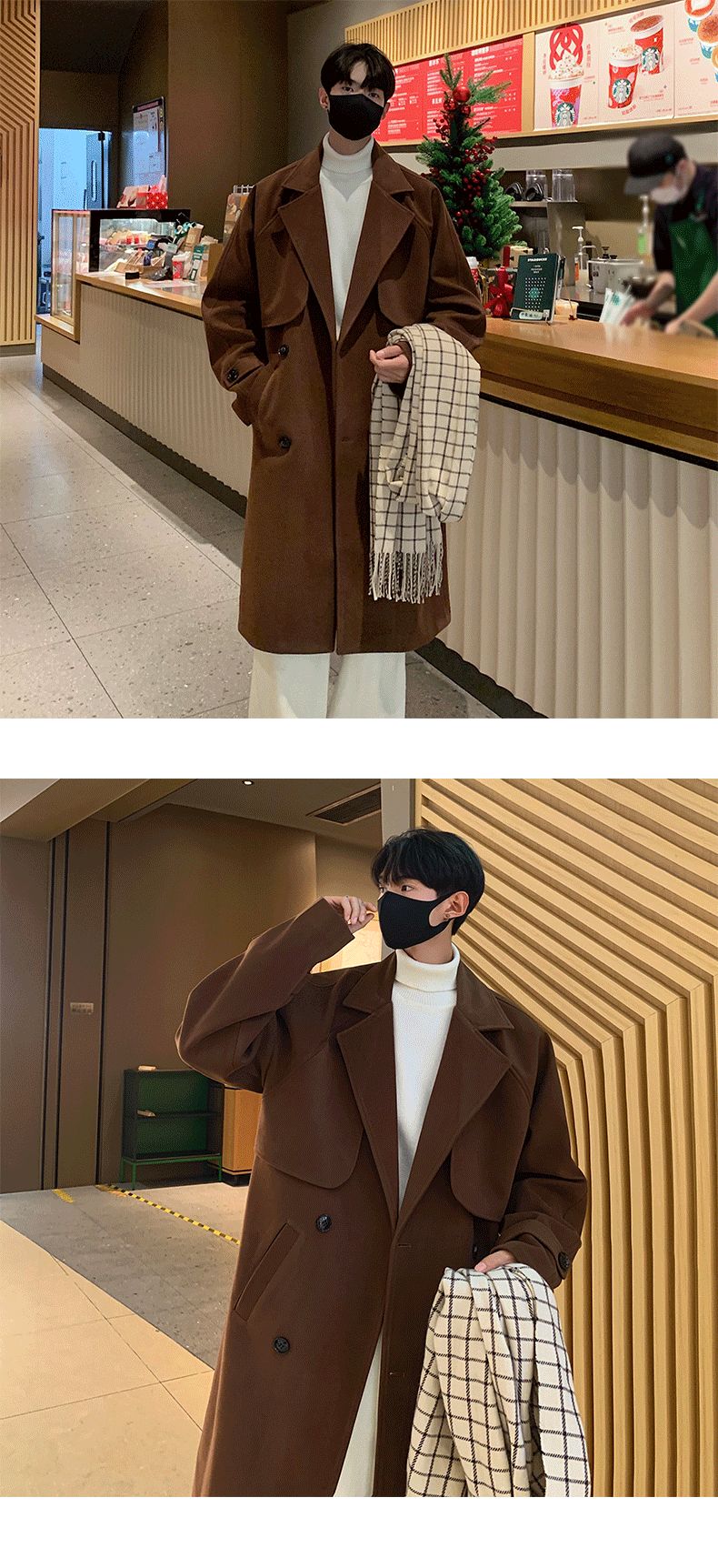 Men's Autumn Winter Mid Length Woolen Coat New Korean Tide Black Thickned Overcoat Long Sleeve Double-breasted Jackets