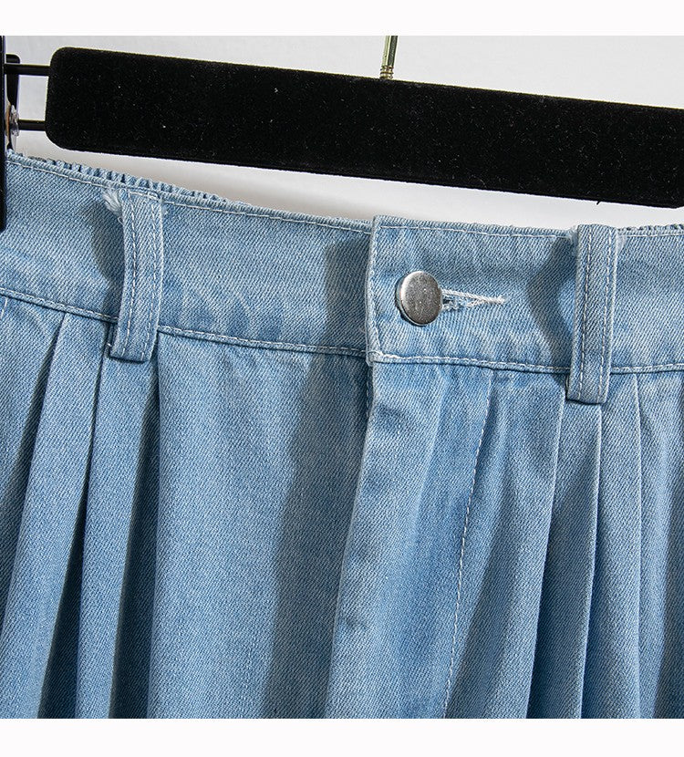 Plus Size Denim Skirt Women Summer 2025 New Korean Style High Waist A Line Pleated Long Jean Skirt Casual Women Maxi Skirt