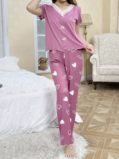 Women's Sweet and Romantic Lace Patchwork Spring and Summer Pajamas, Pink Heart Print Bow Tie Pajama Set