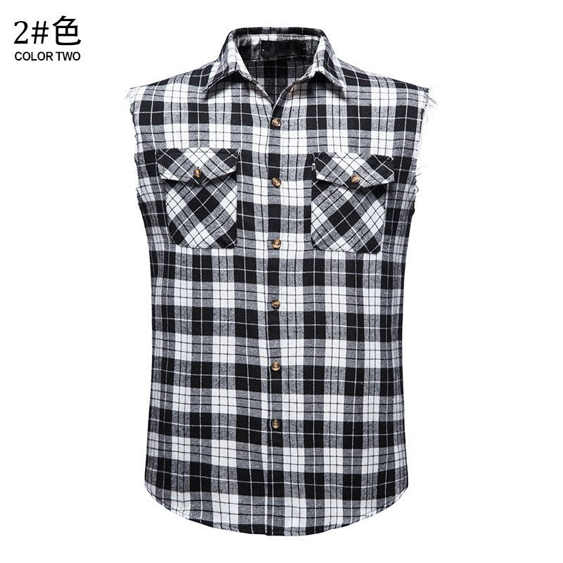 Men's Casual Flannel Plaid Sleeveless Shirt New Double Pocket Cowboy Button Down Shirts Men Cotton Plus Size Vest Checkered Top