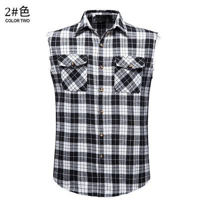 Men's Casual Flannel Plaid Sleeveless Shirt New Double Pocket Cowboy Button Down Shirts Men Cotton Plus Size Vest Checkered Top