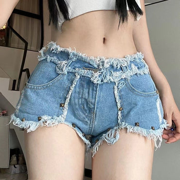 Slimming Skinny Denim Hot Pants - Vintage Wash Ultra Low-Rise Distressed Y2K Sexy Shorts for Baddie Street Style