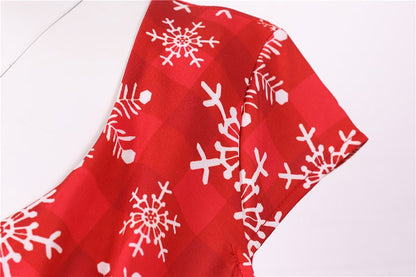 Fashion V-neck Short Sleeve Printed Christmas Dress Large Swing Vintage Elegant Xmas Party Dress