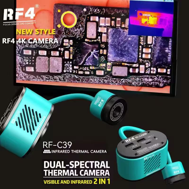 Microscópio Trinocular Estéreo RF4 360° com Braço Articulado para Reparo de Placas PCB de Celulares e Câmera Termográfica 4K C39