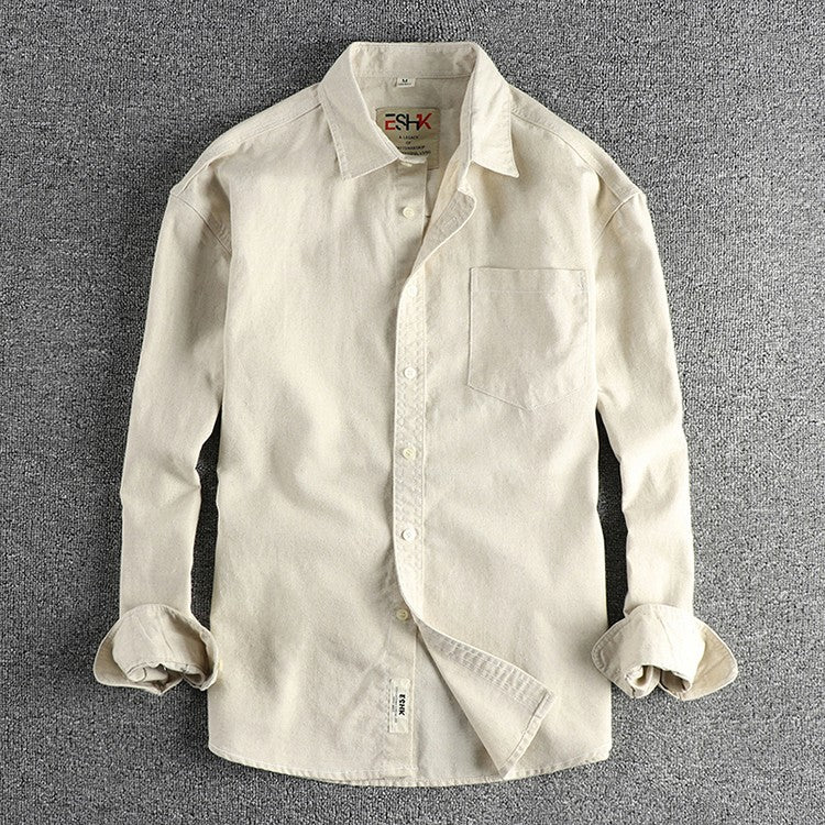 2025 Spring New Japanese Retro Long Sleeve Lapel Cotton and Linen Cargo Shirt Men's Simple Single Pocket Casual Loose Blouses