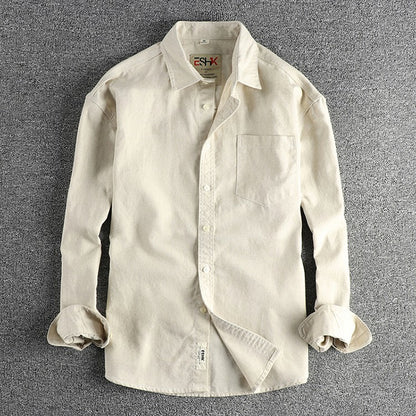 2025 Spring New Japanese Retro Long Sleeve Lapel Cotton and Linen Cargo Shirt Men's Simple Single Pocket Casual Loose Blouses
