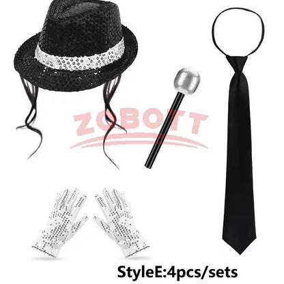 Disco Stage Performance Sequin Hat Tie Glove Set Michael Jackson Cosplay Style Sparkly Costume For Dance Party Halloween Gift