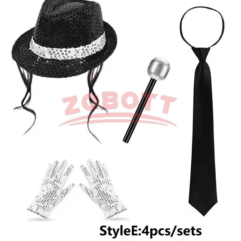 Disco Stage Performance Sequin Hat Tie Glove Set Michael Jackson Cosplay Style Sparkly Costume For Dance Party Halloween Gift