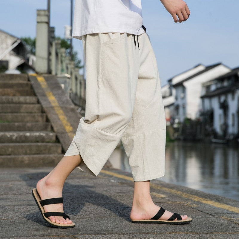 M-5XL Summer New 100% Cotton Loose Cropped Pants Solid Color Casual Elastic Waist Curved Leg Japanese Pants