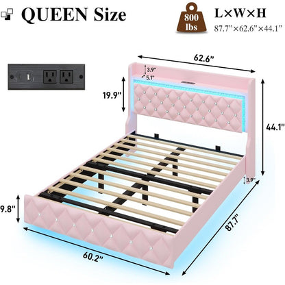 Estrutura de Cama Queen Flutuante com Luz LED, Cama Queen Estofada Plataforma com Estação de Carregamento e Encosto de Asa, Armazenamento Acolchoado com Diamantes