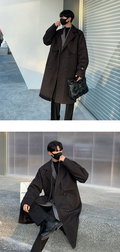 Men's Autumn Winter Mid Length Woolen Coat New Korean Tide Black Thickned Overcoat Long Sleeve Double-breasted Jackets