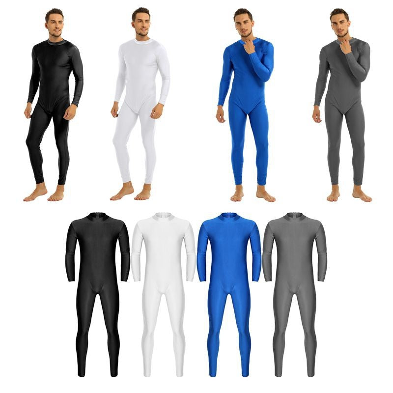Mens Full Body Spandex Zentai Suit Black Long Sleeve Unitard Adult Zipper Back Footless Ballet Dancewear Bodysuit Costumes